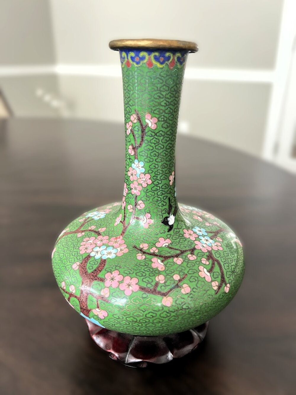 Vintage Mid-Century 7" Cloisonné Pink Plum Blossom Elongated Neck Vase w/ Stand